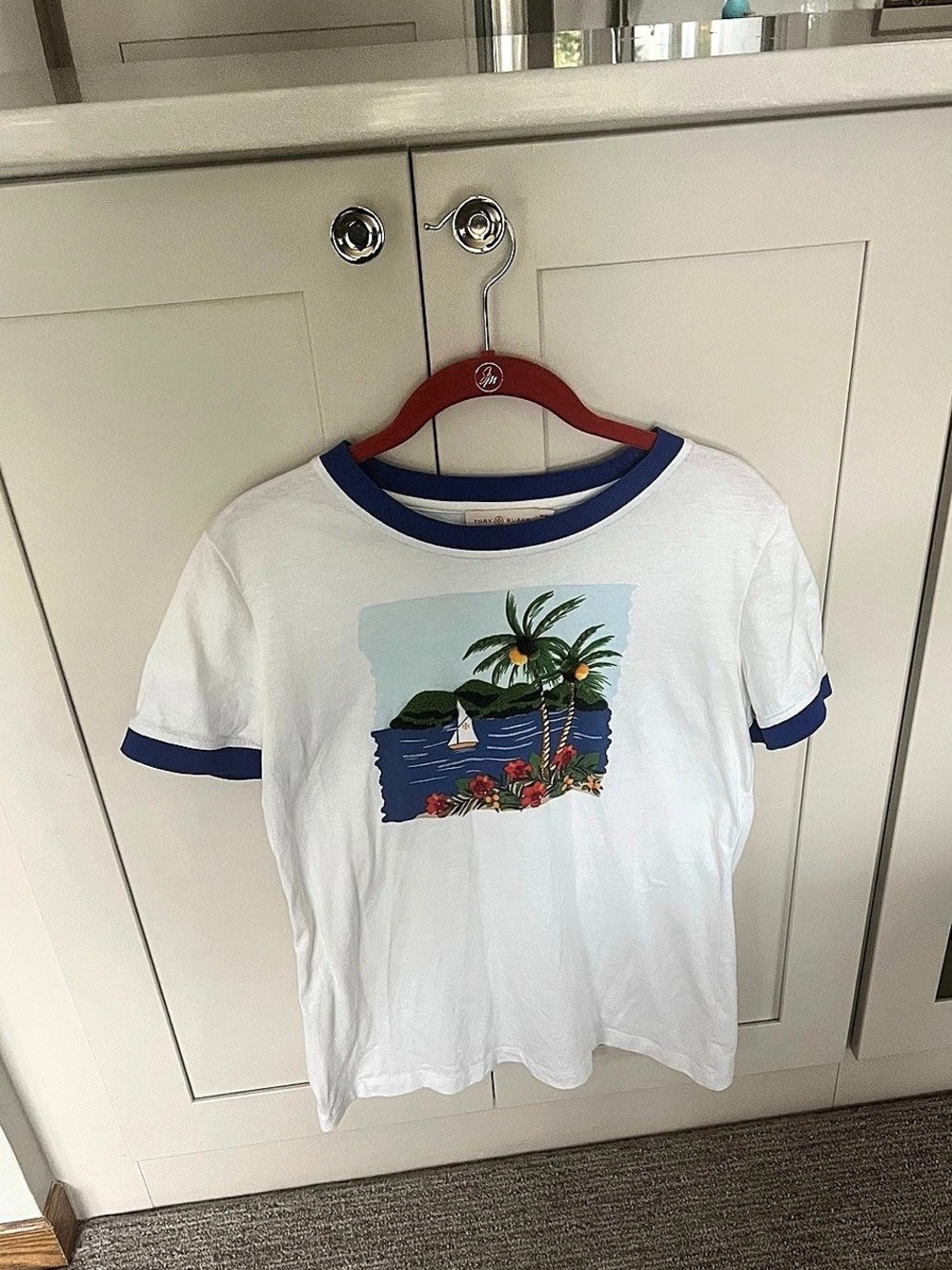 Tory Burch Graphic Tee in White & Blue Size Medium Like New